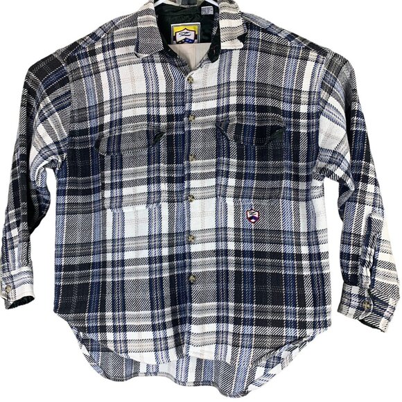 Vintage Flannel Shirt Size Large White Blue Plaid Long Sleeved Button Mens Ziza - Picture 1 of 8